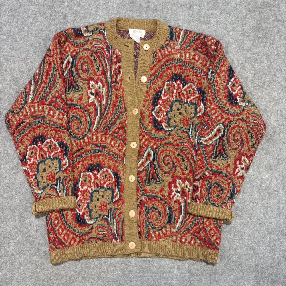 Bleyle Vintage Oversized Paisley Floral Knit Cardigan Sweater Tan Red Blue L
